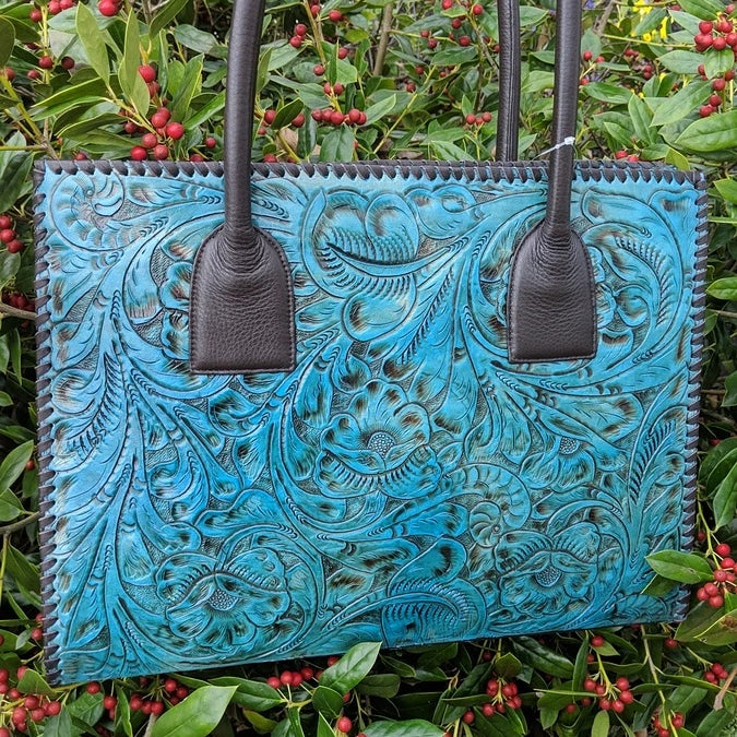 Juan Antonio Floral Embossed Turquoise Leather Tote