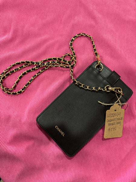 LV225- Chanel black small phone wallet with cross body strap