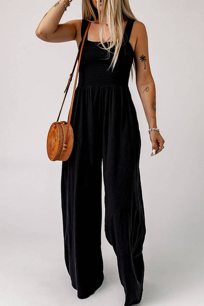 "Let's Go Girls" Smocked full length wide leg jumpsuit