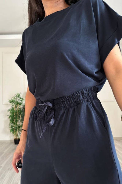 "Chic & Sassy" Solid round neck short sleeve basic tee wide leg pants set