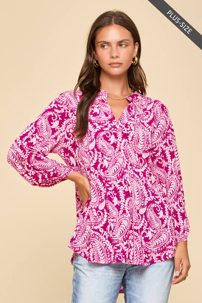 Tickled Pink (PLUS) Mandarin Collar 3/4 Sleeve Blouse