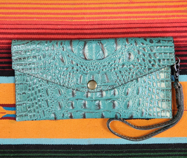 Turquoise Croc Print Wristlet
