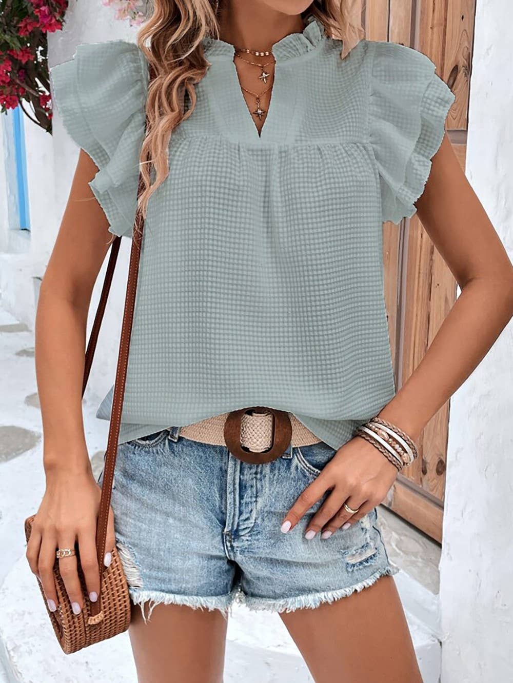 "Let's Go" Ruffle Sleeve Blouse - V Neckline