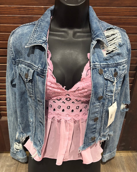 XS Cropped Distressed Denim Cello Jacket