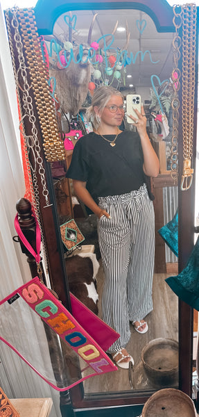 Black Stripe Tied High Waist Loose Straight Casual Pants