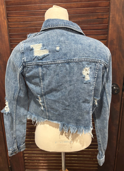 XS Cropped Distressed Denim Cello Jacket