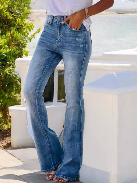 "Delta Dawn" High Waist Flare Jeans with Light Distressing