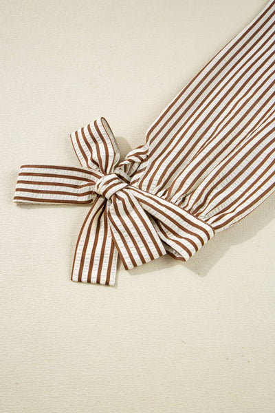 Latte Love Striped V Neck Knot Bracelet Sleeve Blouse