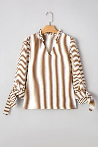 Latte Love Striped V Neck Knot Bracelet Sleeve Blouse