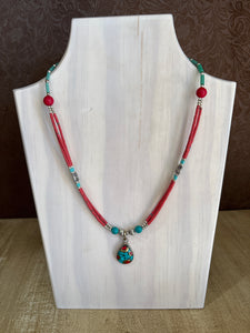 Tibetan Turquoise and Coral Pendant Necklace