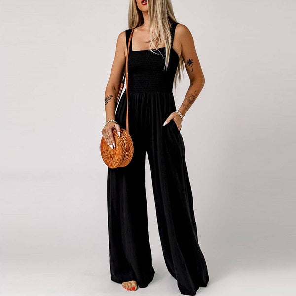 "Let's Go Girls" Smocked full length wide leg jumpsuit