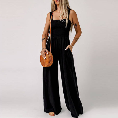 "Let's Go Girls" Smocked full length wide leg jumpsuit