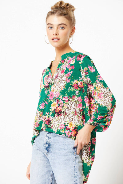 Lizzy Emerald 3/4 Floral Wrinkle Free Top