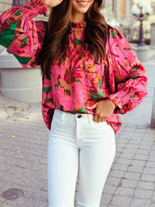 "Fancy Florals" Frilly Neckline Long Sleeve Blouse