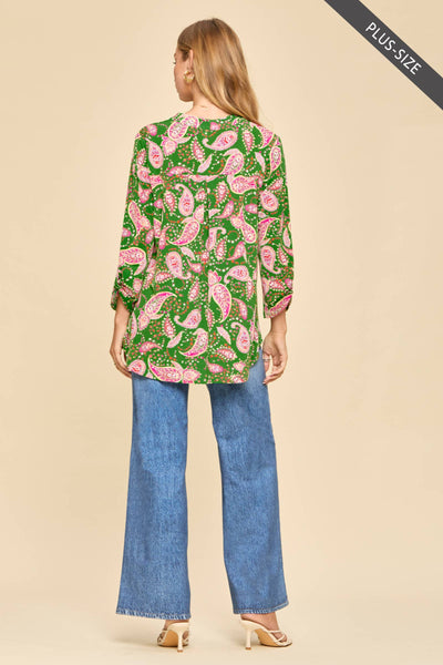 Pretty Paisley (PLUS) Mandarin Collar 3/4 Sleeve Blouse