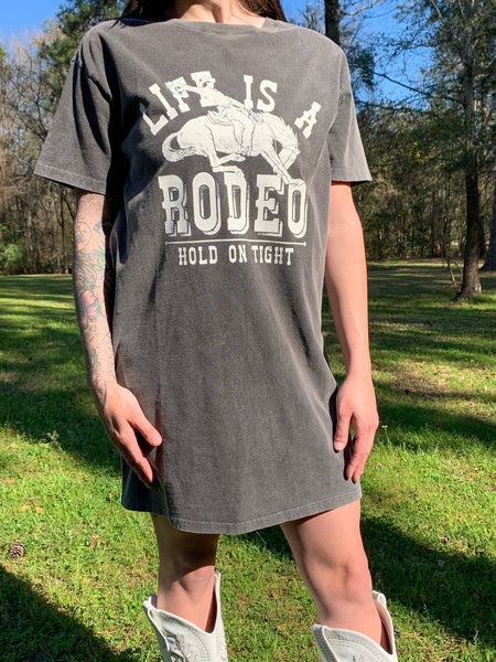 MK351 Life is a Rodeo Mineral Washed Tee Dress - Gray/White