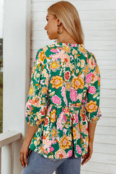 "Flirty Floral" Fall Floral Puff Sleeve V Neck Peplum Blouse