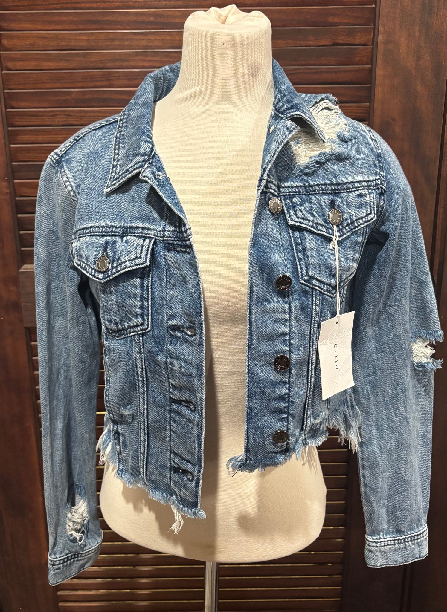 XS Cropped Distressed Denim Cello Jacket