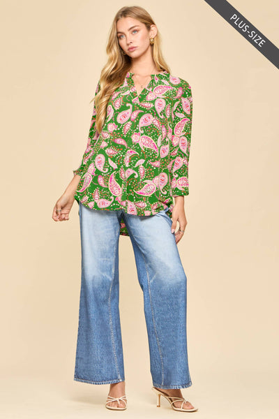 Pretty Paisley (PLUS) Mandarin Collar 3/4 Sleeve Blouse