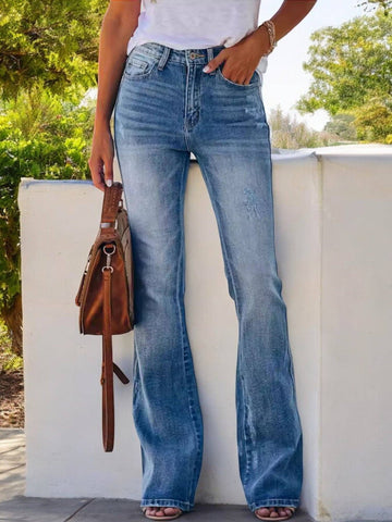 "Delta Dawn" High Waist Flare Jeans with Light Distressing