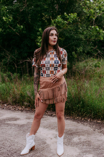 MK325 Checkered Mix Short Sleeve Mesh Top - Beige/Navy/Sage