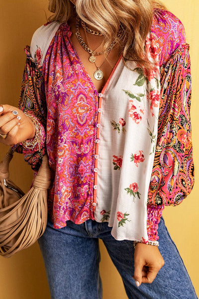 Patchworked Shirred Cuff Buttoned Blouse