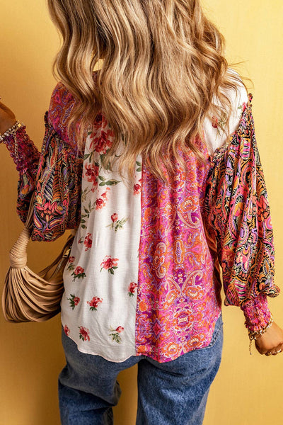 Patchworked Shirred Cuff Buttoned Blouse
