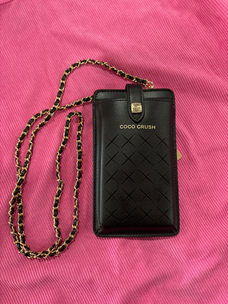 LV225- Chanel black small phone wallet with cross body strap