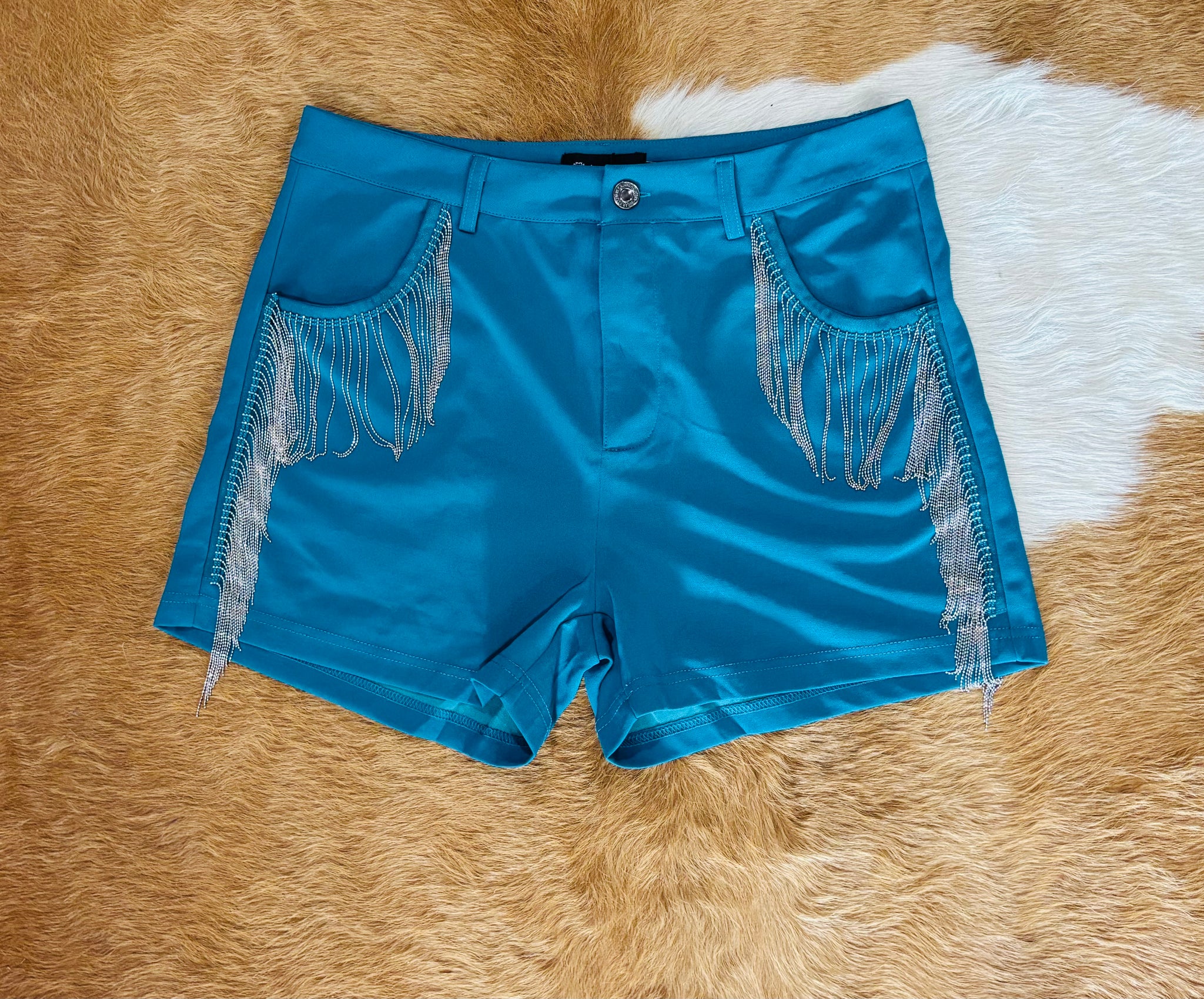 Merigold Kiss Turquoise Stretch Shorts With Silver Fringe