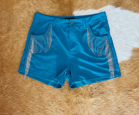 Merigold Kiss Turquoise Stretch Shorts With Silver Fringe