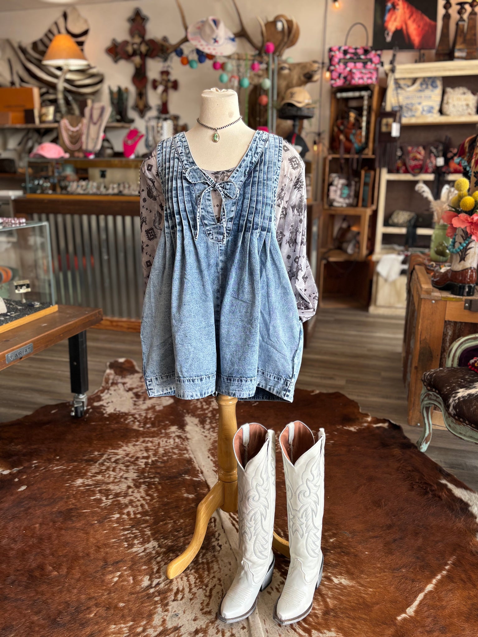 Front Fleated V Neck Sleeveless Denim Romper