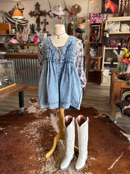 Front Fleated V Neck Sleeveless Denim Romper