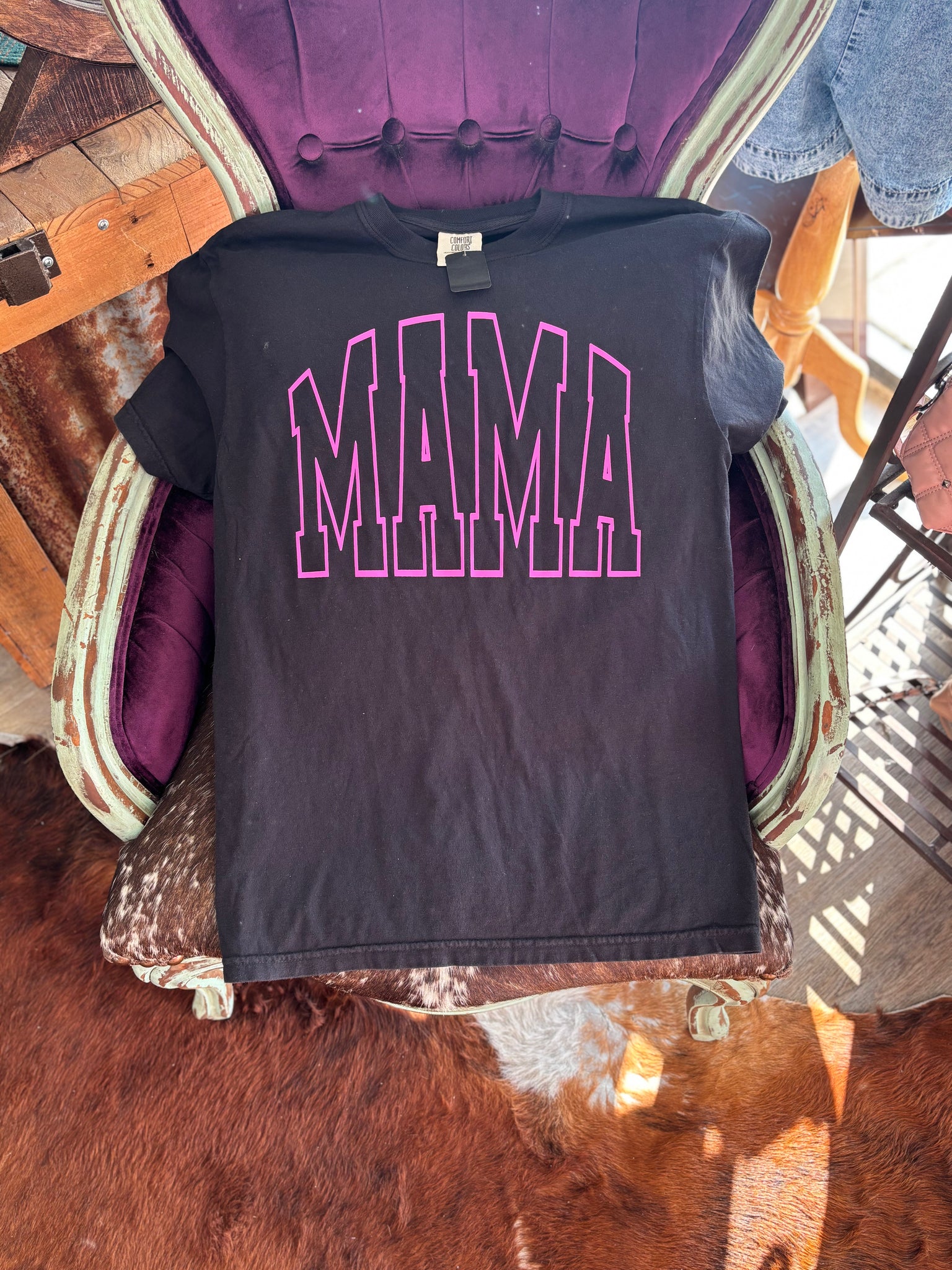 Black Shirt with Pink MAMA Outline Comfort Color T-Shirt