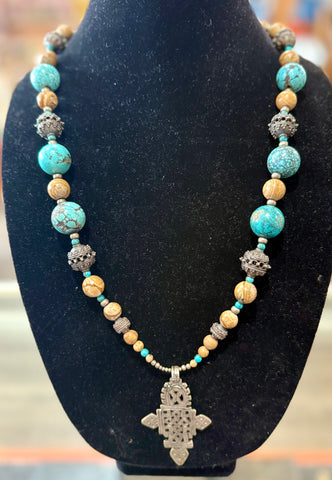 Vintage Beaded Necklace with Ethiopian Cross