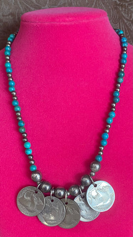 Turquoise and Silver Buffalo Coin Necklace