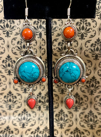 Tibetan Turquoise & Coral  Earrings