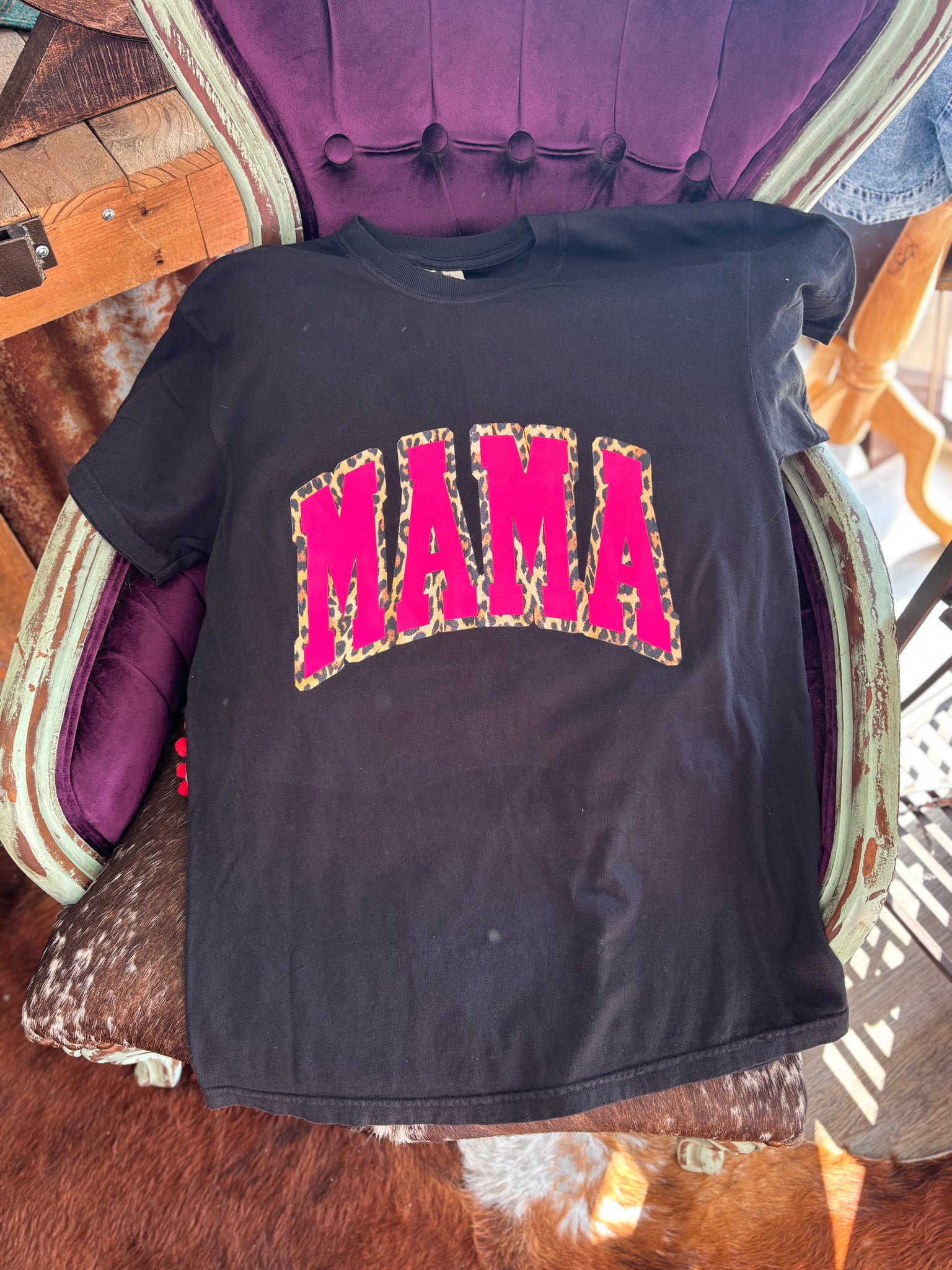 Black & Hot Pink MAMA with Leopard Print Comfort Color T-Shirt