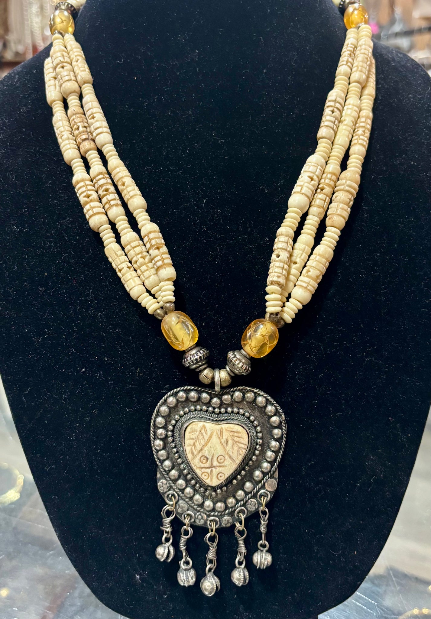 Vintage Carved Bone Heart Necklace