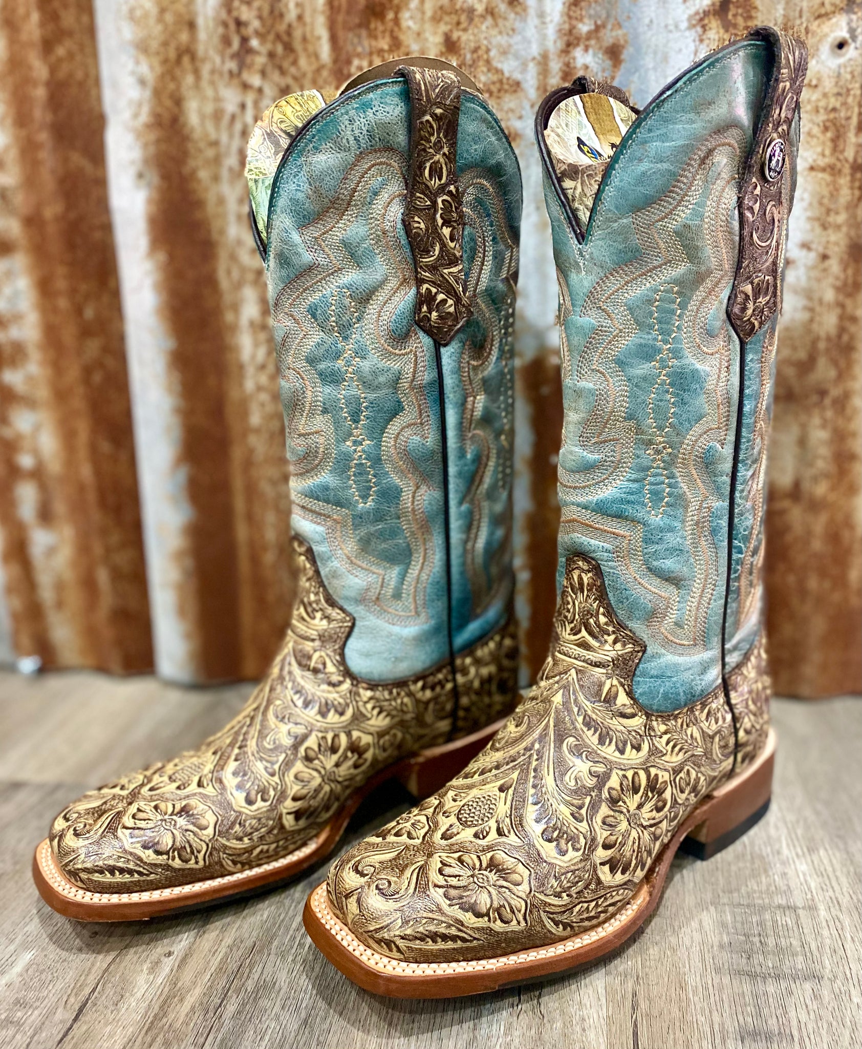 Ladies Brown/Tan Tooled Print Boots with Turquoise Top