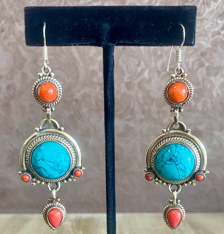 Tibetan Turquoise & Coral  Earrings