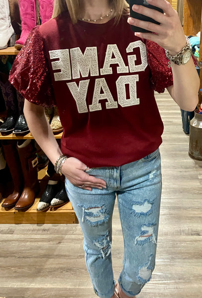 "Game Day" Sequin Bubble Sleeve Top