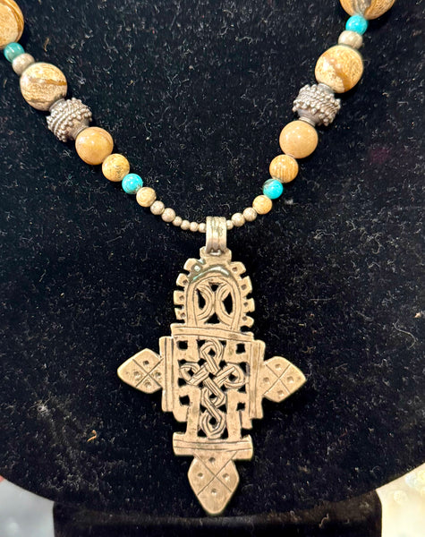 Vintage Beaded Necklace with Ethiopian Cross
