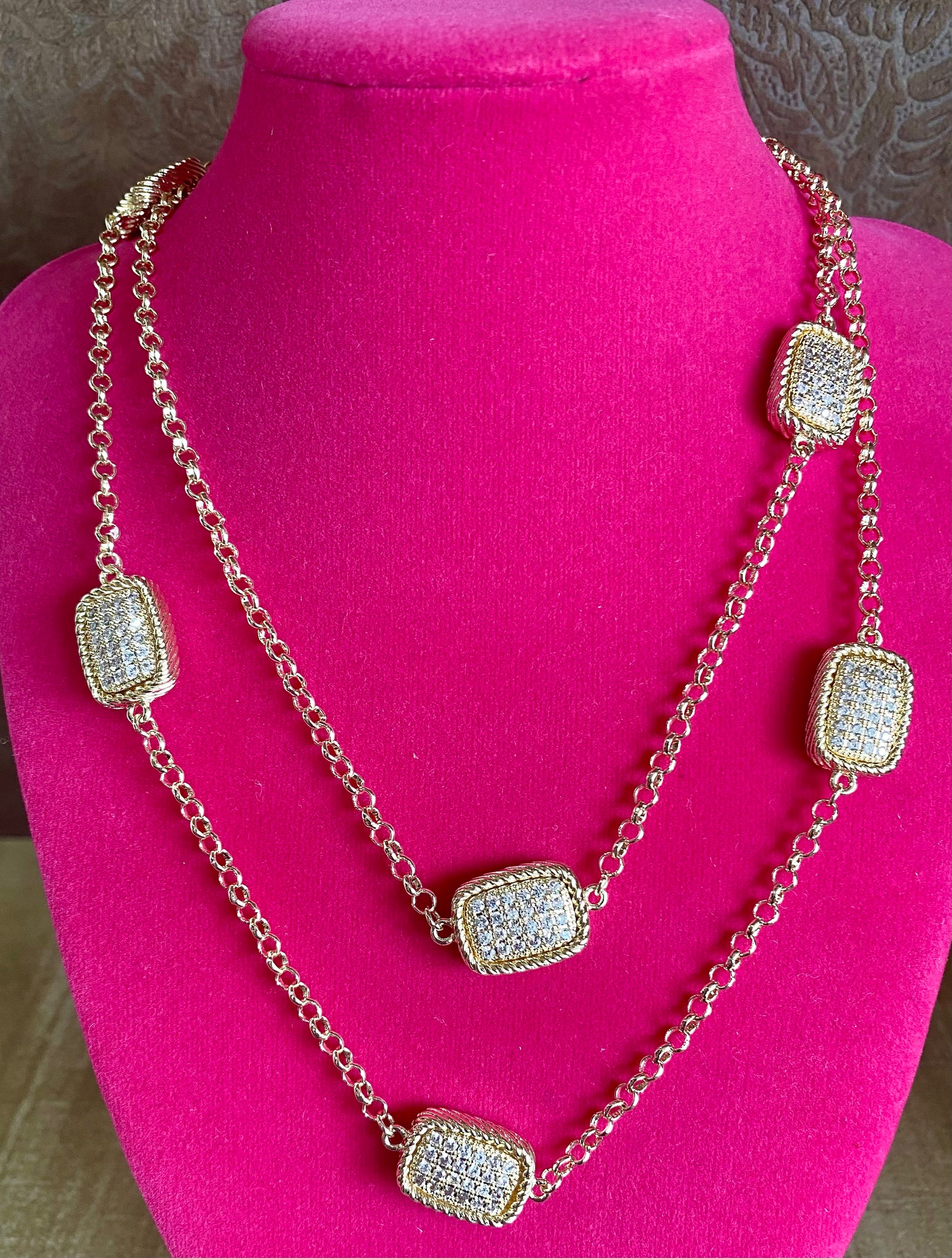 Fossick 36" Gold Cable Rectangle Pave Necklace