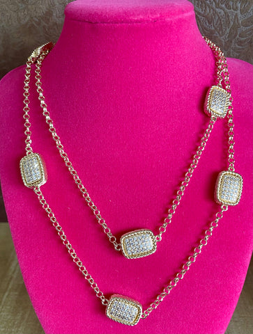 Fossick 36" Gold Cable Rectangle Pave Necklace