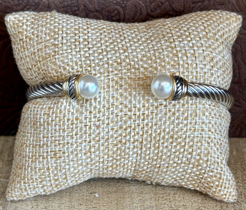 Fossick Silver Cable Cuff With Pearl Ends
