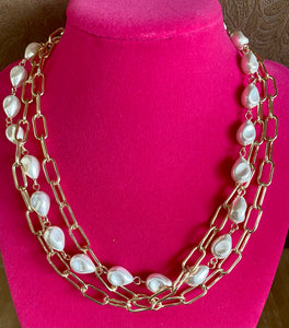 Fossick Gold 3 Strand Pearl Paper Clip Chain