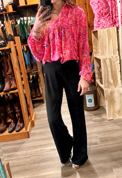 Pink Muse Collared V Neck Babydoll Blouse