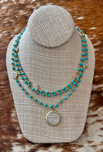 Fossick 16.5" Turquoise 3 Strand Cross Coin Necklace