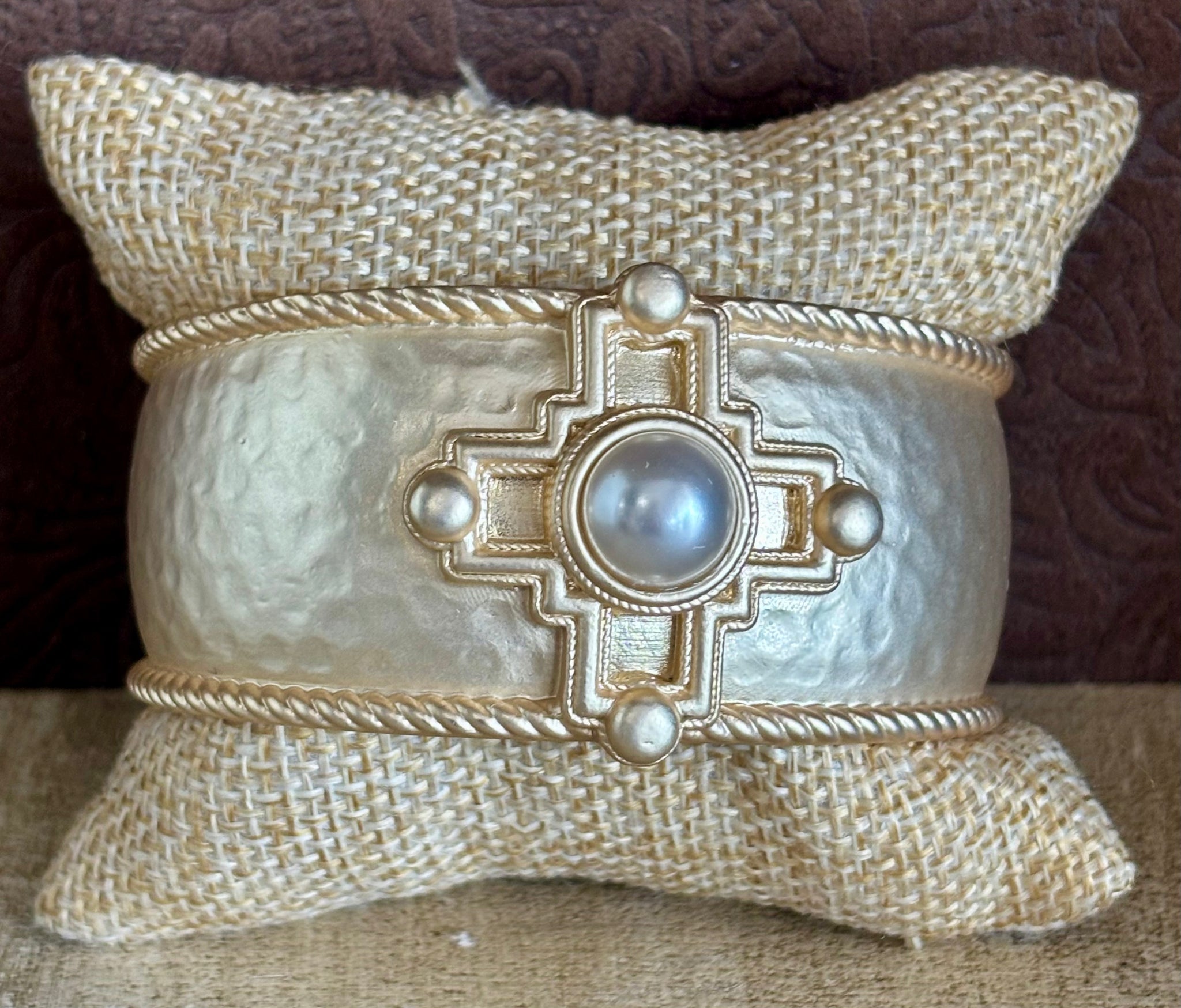 Fossick Matte Gold Cross Cuff With Pearl