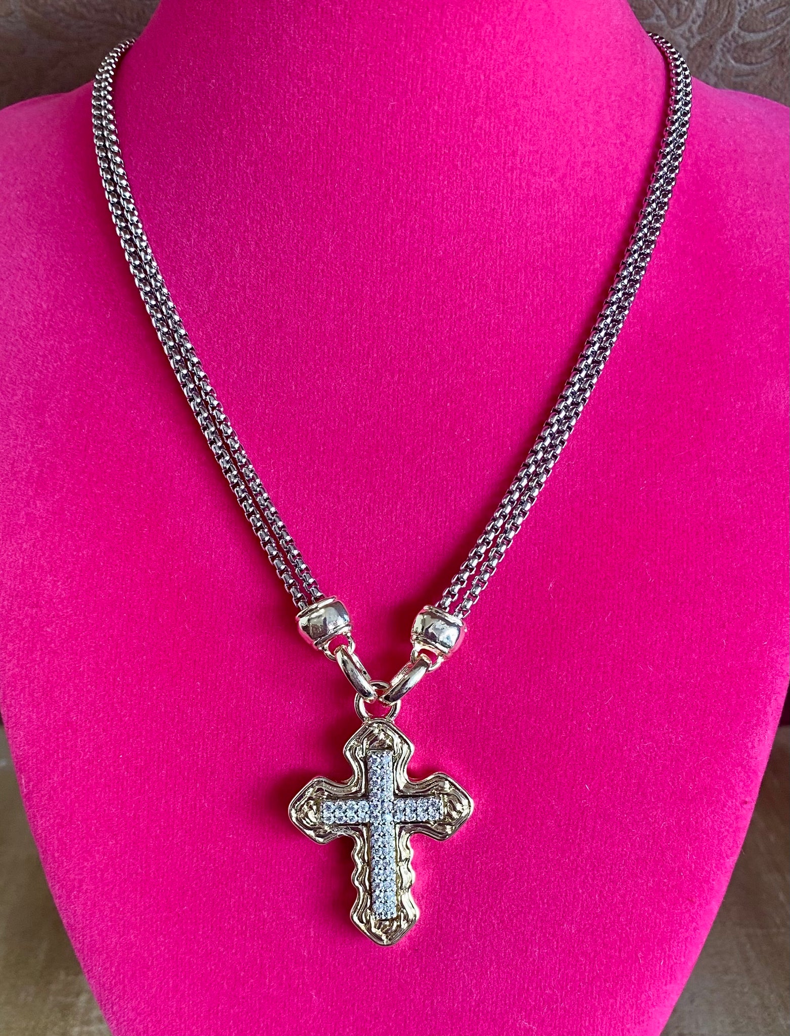 Fossick Necklace With Double 2 Tone Chain Cross